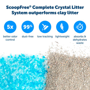 comparative image of crystal litter next to clay litter and the benefits of switching to crystal
