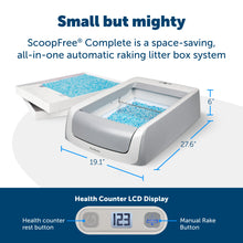 Load image into Gallery viewer, product image showing the space-saving dimensions of the all-in-one automatic raking litter box system

