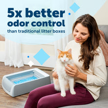 Load image into Gallery viewer, woman petting her purring cat with a scoopfree litter box in the background
